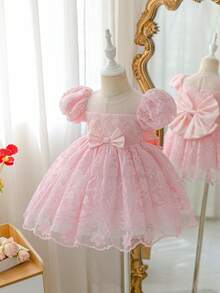 SHEIN Glamorique Kids 花童女童生日派對優雅公主禮服洋裝，杏色碎花設計，背部大蝴蝶結，可愛端莊優雅，四季皆宜 - 粉色 - 查看 4