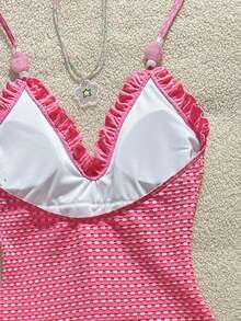 Swim Mod Girls' Special Fabric Pink Lace Halter Neck One-Piece Swimsuit - Multicolor - View 3