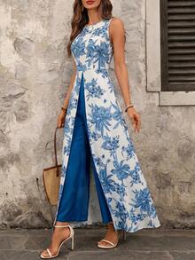 Gownix 女款優雅度假印花分層圓領長版連身褲 - 彩色 - 查看 4