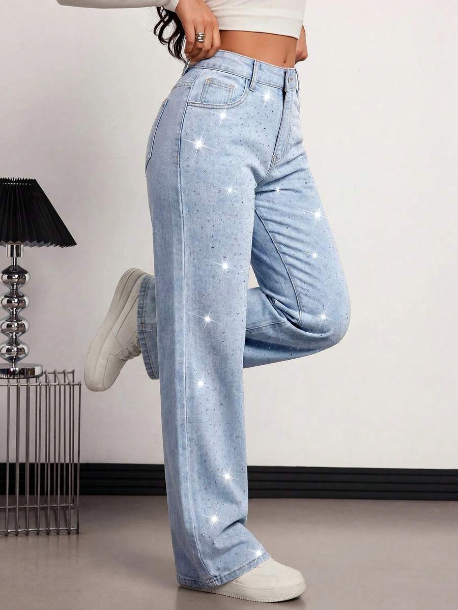 SHEIN Tall 秋冬女款時尚通勤水鑽裝飾度假直筒黑色牛仔褲,適合高個女性 - 淺色水洗藍 - 查看 1