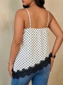 Modelyn Plus Size Women's Polka Dot Print Contrast Lace Hem Camisole Tank Top - Black and White - View 2