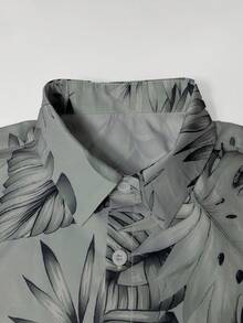 Oro Vacation 男士葉子印花短袖襯衫與抽繩腰短褲休閒度假海灘套裝 - 灰色 - 查看 4