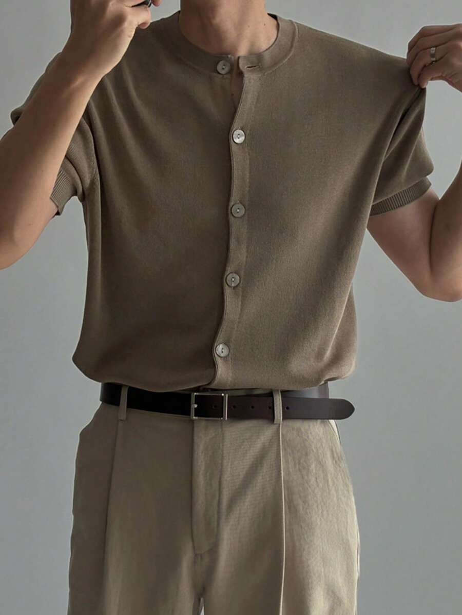 DAZY 男士卡其綠短袖針織開襟外套上衣 - 卡其色 - 查看 1