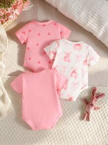 SHEIN 3件組可愛嬰兒/新生兒休閒簡約百搭舒適親膚短袖連身衣，可愛熊圖案，舒適衣著，適合春夏秋冬日常穿著、生日派對與拍照紀念，新春/夏季設計 - 粉色 - 查看 6