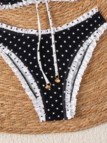SHEIN Swim 女款夏季海灘度假泳衣 熱帶牙買加風三角比基尼 後綁帶套裝 可愛花卉紋理布料印花 2件組 黑白波點 - 黑與白 - 查看 4