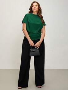 Comfylo Camiseta de mujer talla grande unicolor casual con fruncido y ajuste ceñido - Verde - Ver 3