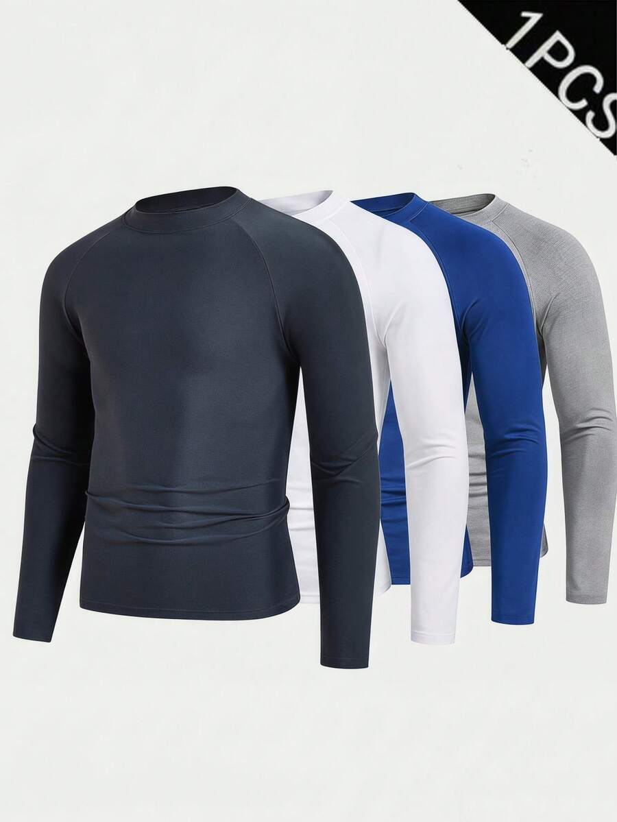 HIMLAND Camiseta de protección solar de unicolor y ajuste ceñido con alta elasticidad para hombres - Gris Claro - Ver 1