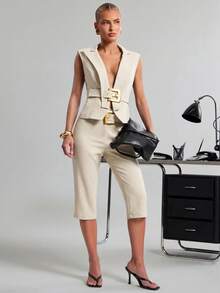Hauture Women's Sexy Elegant Casual Office Brunch Business Capri Pants With Metal White Buckle Design Teachers' Day Summer - Apricot - View 1