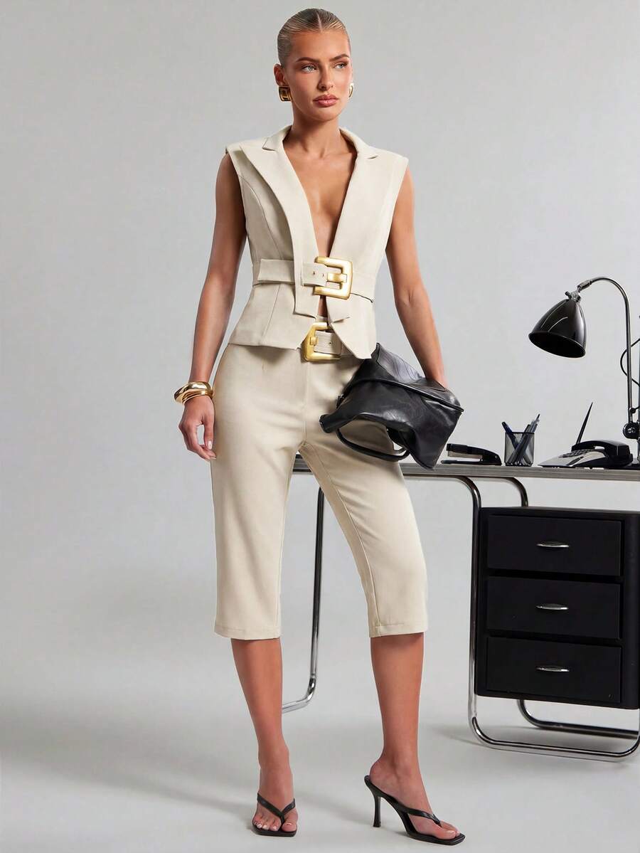 Hauture Women's Sexy Elegant Casual Office Brunch Business Capri Pants With Metal White Buckle Design Teachers' Day Summer - Apricot - View 1