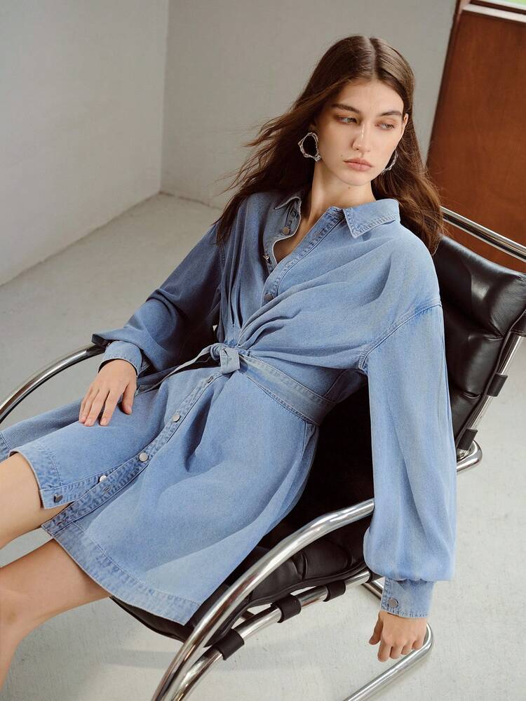 WOMEN'S SPRING FALL ELEGANT WAIST-CINCHING LANTERN LONG SLEEVE SHIRT DENIM DRESS WITH BELT