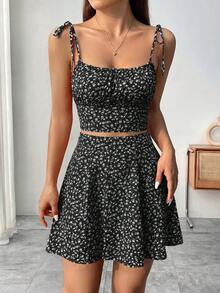 SHEIN Raffinéa Women's All-Over Print Camisole Top And Mini Skirt Casual Cottagecore Everyday Set Beach Black Floral Summer - Black - View 5