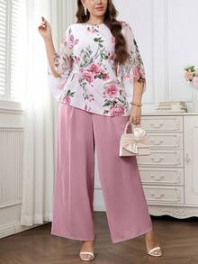Reflora Conjunto de 2 piezas de top y pantalones con estampado floral elegante talla grande - Multicolor - Ver 4