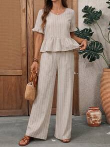 EMERY ROSE Regular Round Neck Casual Striped Versatile Women's 2 Pieces Set - Khaki - View 7