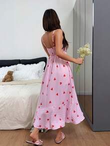 Napfluff Sweet Heart Stripe Print Front Knot Ruffle Trim Women's Camisole Nightgown - Pink - View 2