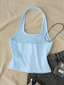 Tween Girls Light Blue Long Casual Halter Neck Top, Slim Fit Tank Top For Summer - White - View 2
