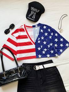 Comfortcana Red White And Blue Stripe Drop Shoulder V-Neck T-Shirt Independence Day Music Summer Casual Streetwear Vacation Rave - Multicolor - View 1