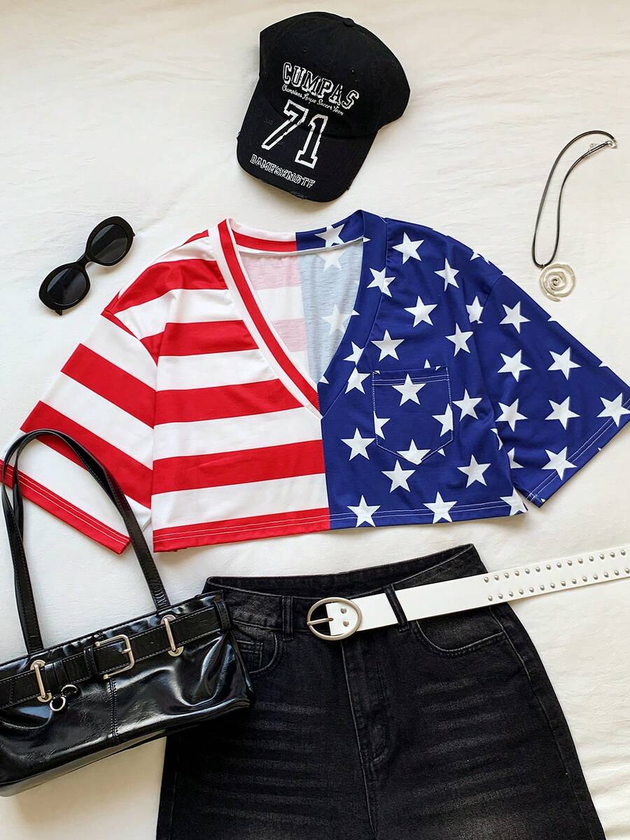 Comfortcana Red White And Blue Stripe Drop Shoulder V-Neck T-Shirt Independence Day Music Summer Casual Streetwear Vacation Rave - Multicolor - View 1