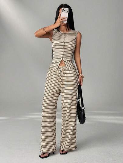 SHEIN PETITE Bộ 2 món nữ phong cách thường ngày áo dài tay cài nút trước kẻ sọc và quần ống rộng, bộ hai món kẻ sọc mùa thu