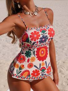 Swim Lushoire Women's 2pcs Set Floral Placement Print Bohemian Fashion Summer Beach Vacation Tankini - Multicolor - View 5