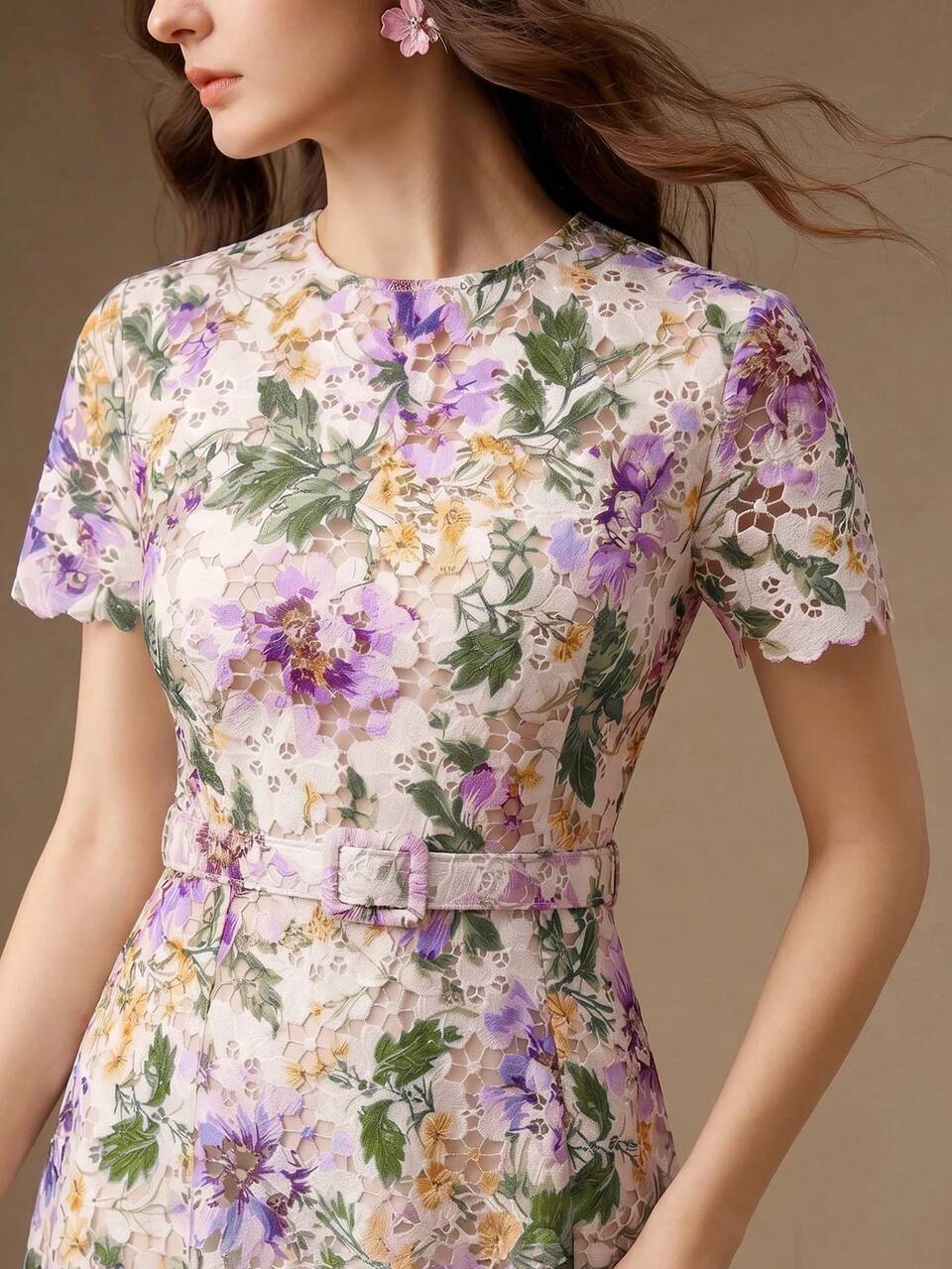 Elegant Elegant Vacation Style Water-Soluble Print Lace Cinched Waist Cinched Waist Slimming Round Neck Short Sleeve A-Line Long Dress For Women