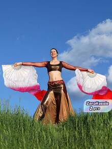 2Pcs Belly Dance Fans, Silk Tassel Bamboo Fans, Colorful Dance Props For Stage Performance & Mother's Day Gifts - Multicolor - View 2