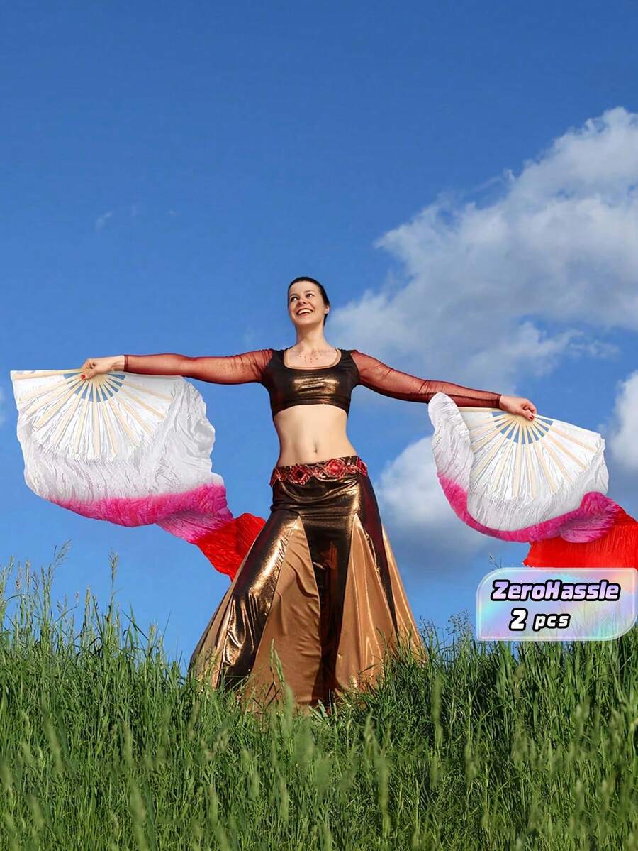 2Pcs Belly Dance Fans, Silk Tassel Bamboo Fans, Colorful Dance Props For Stage Performance & Mother's Day Gifts
