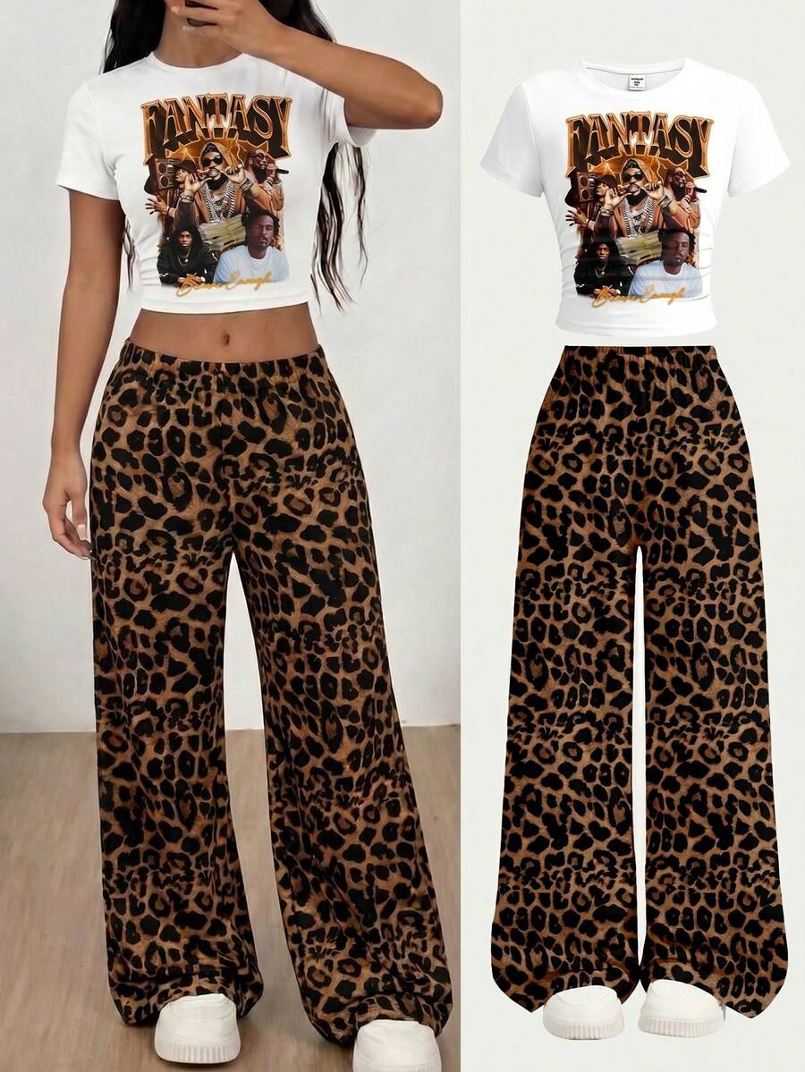 Conjunto de 2 piezas para niña con camiseta ajustada en la cintura y fruncida con estampado de leopardo retro, estilo Y2K, minimalista y casual, y pantalones holgados, adecuado para primavera/verano, uso diario, estilo callejero, salidas, regreso a clases, atuendos de primavera y verano, cómodo y fácil, conjunto casual de verano, niñas con estilo, conjunto de camiseta con gráfico de leopardo retro, moda de primavera y verano, estilo relajado y chic - Multicolor - Ver 1