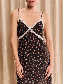 lacRébo Schwarzes Blumen-Polka-Dot-Spaghettiträger-Kleid in Knielänge mit weißem Spitzenbesatz und Bustier-Design - Schwarz - Übersicht 3
