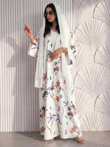Yasveil 女款花卉印花緞面長袖阿巴雅度假洋裝 - 白色 - 查看 3