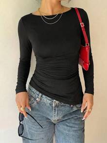 Siren Gaze T-shirt da donna a maniche lunghe con pieghe, colore unito, versatile e alla moda per uso quotidiano - nero - Visualizzare 7