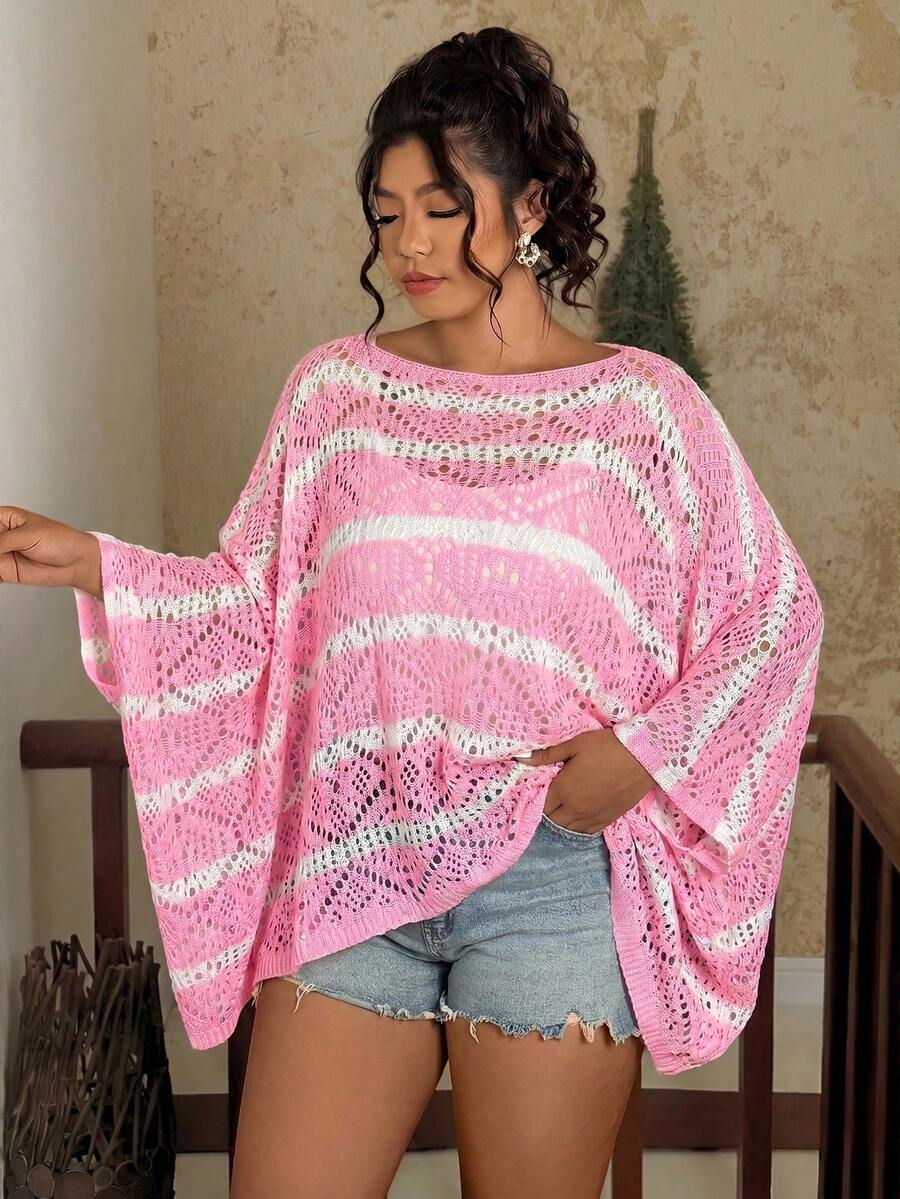 Travachic Sweater Lengan Kelelawar Berlubang Warna Polos Ukuran Besar Modis untuk Wanita, Pakaian Musim Gugur dan Musim Dingin - Berwarna merah muda - View 1