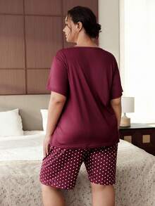 Slumbrini Pijama de mujer talla grande con estampado de gato, compuesto por camiseta de manga corta y pantalón de siete cuartos, color rojo, nuevo estilo de primavera/verano - Burdeos - Ver 2