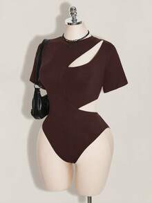 SHEIN ICON 女款大尺碼解構純色鏤空設計短袖連身衣 - 棕色 - 查看 1