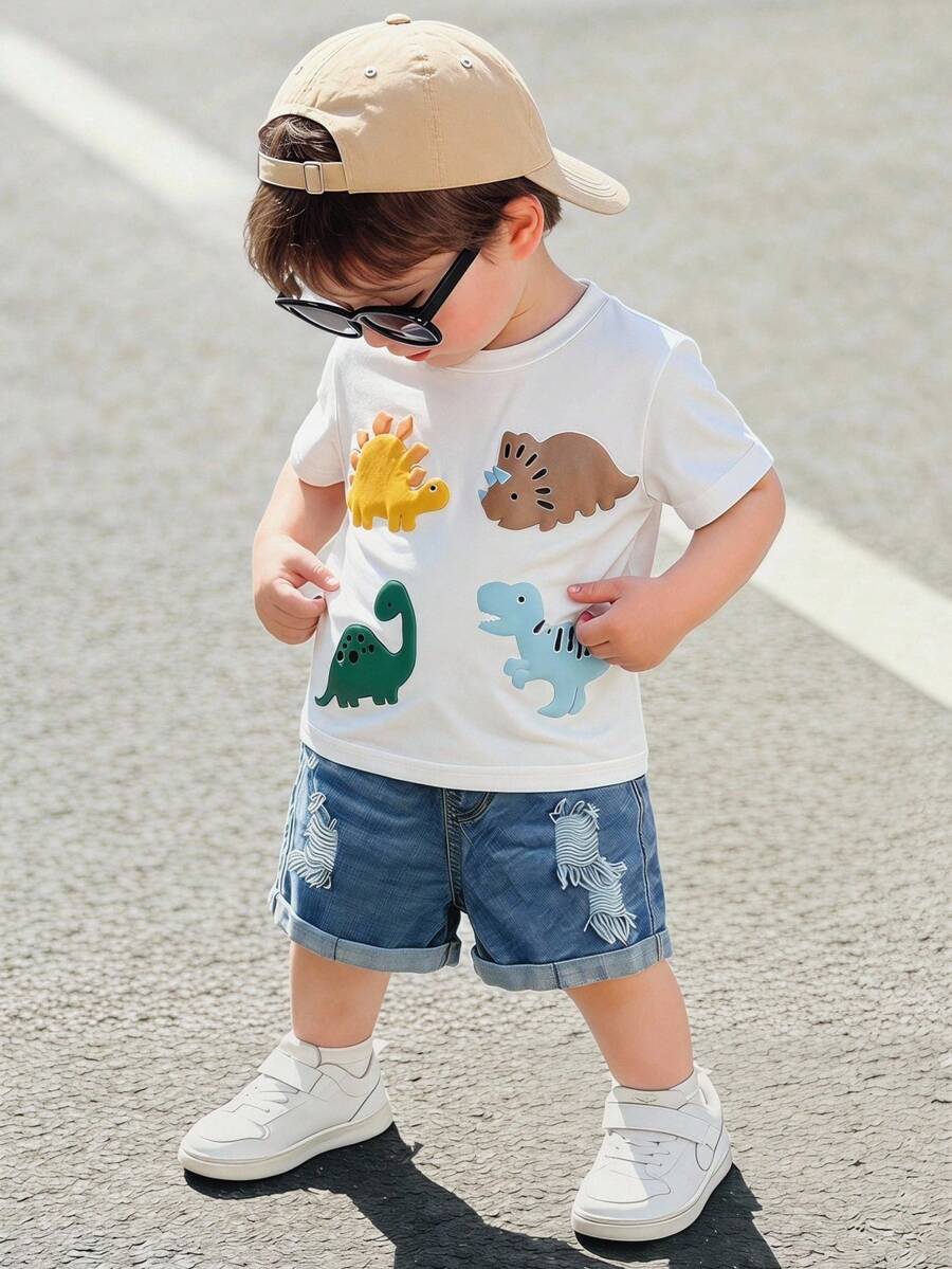 SHEIN 2pcs/Set Baby Boy Girl Comfortable Casual Cute Versatile Bear Pattern Short Sleeve T-Shirt Knit Top And Denim Shorts Set, Suitable For Spring Summer - Multicolor - View 1