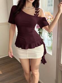 Feyla 女款素色百褶休閒百搭日常外出上衣 - 酒紅色 - 查看 7