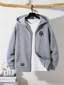 SHEIN 青少年男孩極簡街頭風秋冬休閒日常穿著校園拉鍊連帽衛衣 - 灰色 - 查看 5