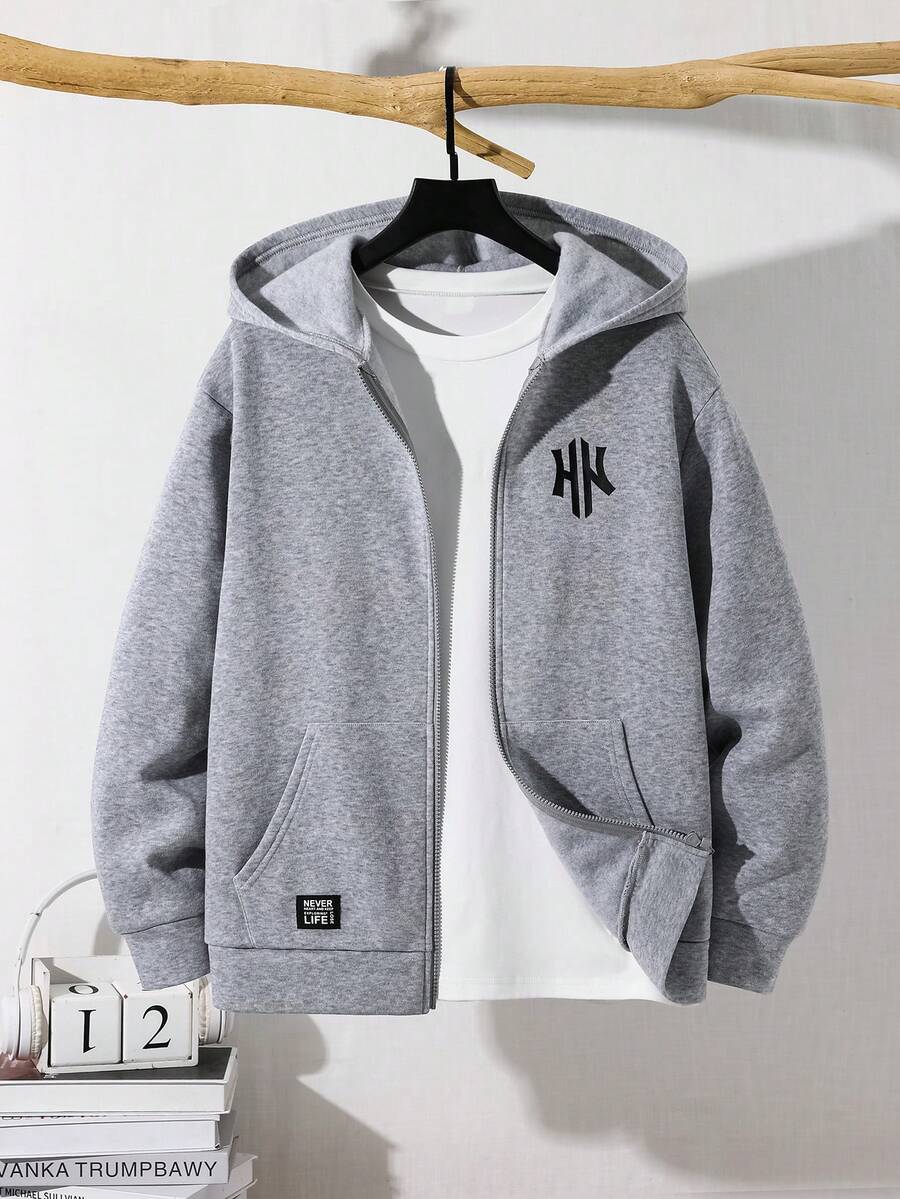 SHEIN 青少年男孩極簡街頭風寬鬆街頭風格秋季運動衫休閒日常穿著校園穿搭拉鍊運動衫Sixth Form派對白色