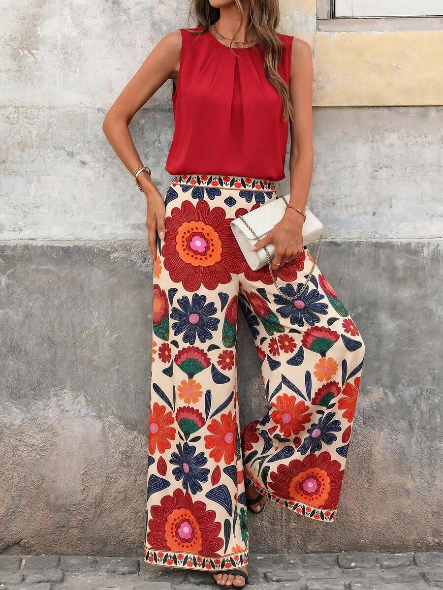 SHEIN Clasi 女款素色圓領百褶上衣搭配花卉印花寬腿褲休閒日常兩件套 - 亮橙色 - 查看 1