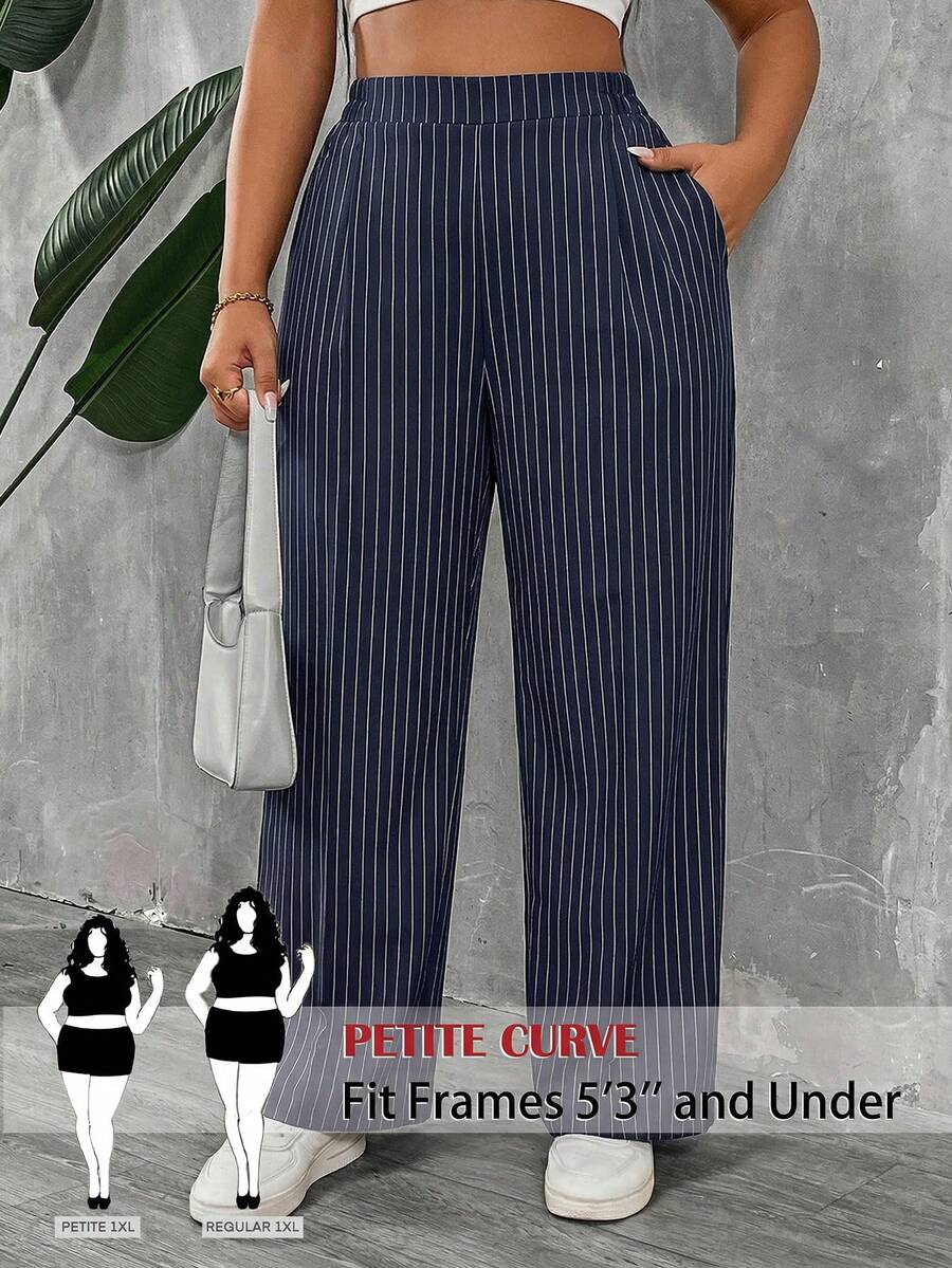 SHEIN PETITE CURVE 小码加大码女式纯色褶皱裤 - 藏蓝色 - 查看 1