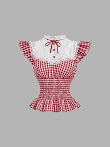 SHEIN MOD Women's Contrast Lace Plaid Cap Sleeve Fashionable Blouse - Red and White - View 5