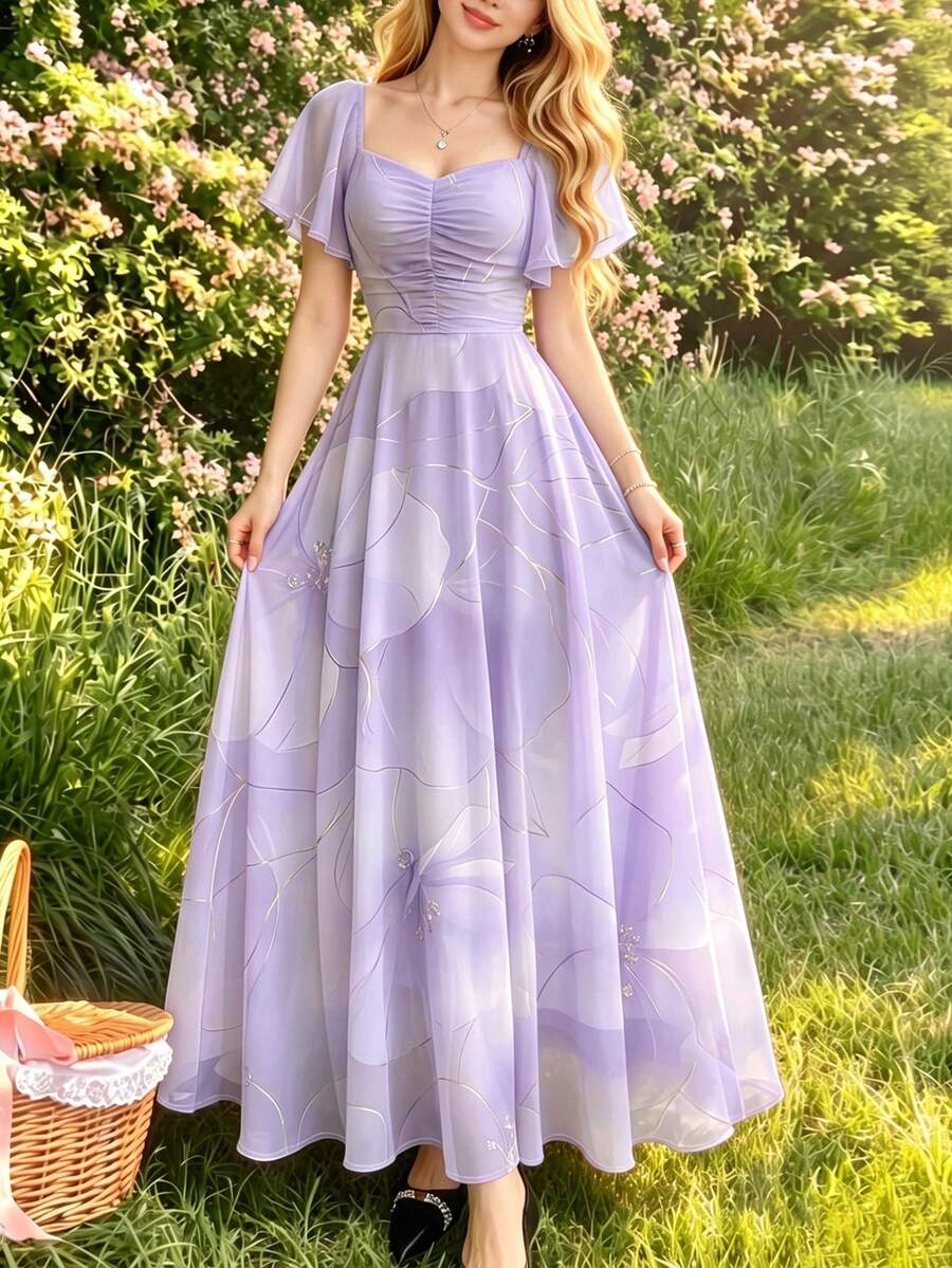 Modelyn 雙色花卉鏤空設計印花女款花卉洋裝,時尚方領百褶飄逸袖設計女裝,夏季收腰長款優雅洋裝,適合夏季度假、日常穿著 - 彩色 - 查看 1