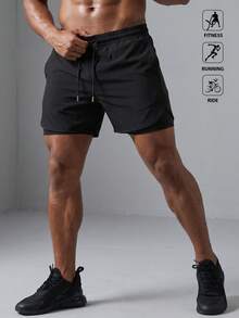 Acti Log Manfinity Fitness 男士抽绳腰带二合一运动弹力短裤，带手机口袋，适合健身、篮球等运动，轻便透气，可装洗手液，适合上学穿着。 - 黑色 - 查看 2