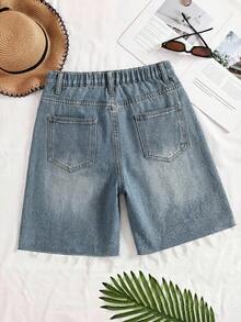 SHEIN Shorts vaqueros casuales de verano para adolescentes con bolsillos en diagonal y lavado con diamante de imitación - Azul lavado medio - Ver 2