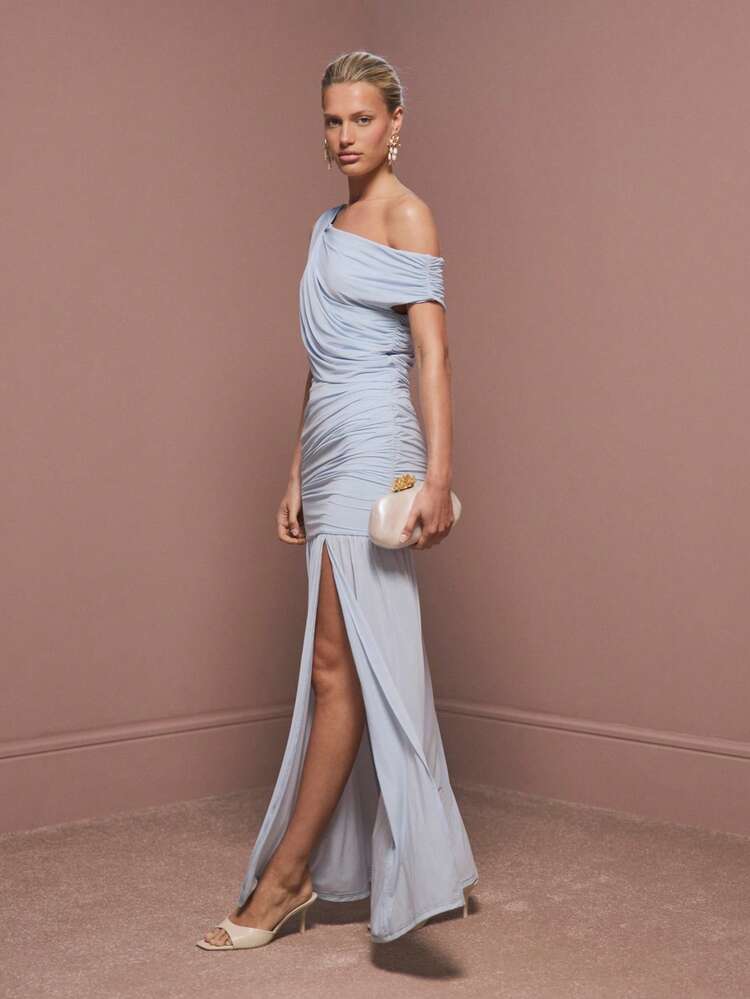 AiiRZ Robe longue drapée à épaules dénudées en maille avec fronces et fente haute sur la cuisse pour les occasions de soirée, mariage, bal