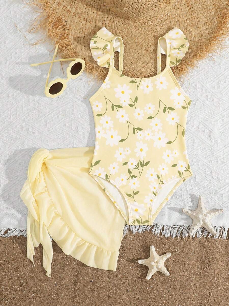 SHEIN Young Girl Cute Plant Floral Print One-Piece Jumpsuit With Ruffle Skirt Set, Fashionable Casual Exquisite, Swimming Vacation Beach - Yellow - View 1