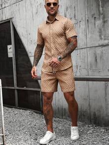 SLATEMANN Men's 2 Pieces Outfits Summer,Geometric Diamond-Textured Jacquard Short Sleeve Shirt & Shorts Set,Khaki Casual Resort Vacation Holiday Men Clothing - Maroon - View 4