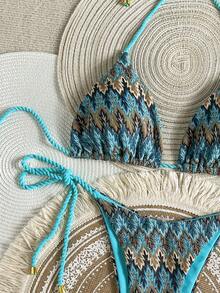 Swim Vcay Women's 2-Piece Summer Beach Bikini Swimsuit Set, Special Textured Braided Rope Halter Triangle Top, Bell-Bottom Pants With Side Tie Straps - Blue - View 6
