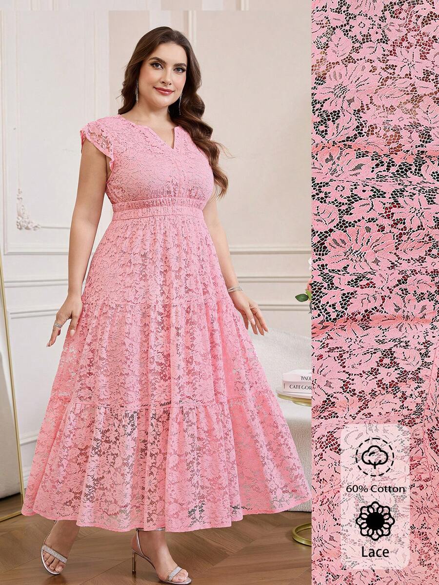 Reflora Đầm dài ren thanh lịch, lãng mạn dành cho nữ cỡ lớn, màu hồng, thích hợp cho mùa hè. - Hồng - Xem 1