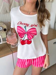 SweetSlumber Sweet Cute Ins Hot Pink Cherry Bow Print Round Neck Comfortable Knit Women's Pajama Set Home Cherry Print Summer Back-To-School Lounge Cute Y2k - Multicolor - View 4
