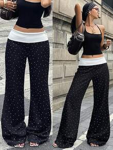 Coolane Women's Autumn Festival Renaissance Fair Streetwear Boho Vintage Y2K White And Black Polka Dot Graphics Stretchy 2in1 Turn-Down Trousers Flare - Black and White - View 4